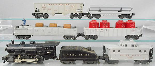 LIONEL TRAIN SET: O ga, 1615 switcher, 1615T, 3562-25 barrel car, 6562 NYC gondola w/containers, 6456 LV hopper, 6121 flat w/pipes, 6417-51 LV caboose, C6-7.