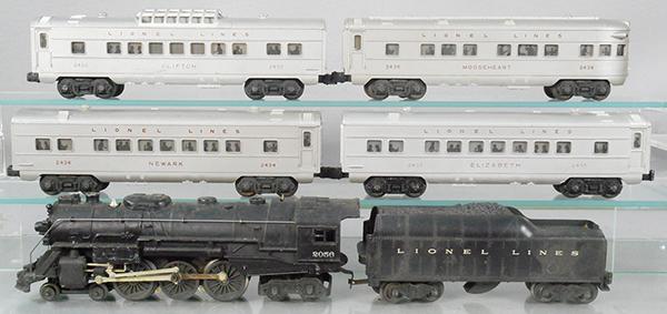 LIONEL TRAIN SET: O ga, 2056 Hudson loco, 2046W tender, 2434 Newark, 2435 Elizabeth, 2432 Clifton, 2436 Mooseheart, C5-6.