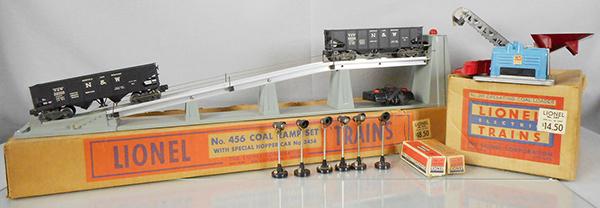 LIONEL ACCESSORIES: O ga, 456 coal ramp w/extra 3456 hopper, 397 coal loader, 6 #70 lamp posts, 4 orig boxes only, C6-8.