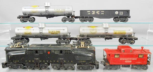 LIONEL TRAIN SET: O ga, 2340 PA GG1, stripes completely worn off, 3 #2555 Sunoco tank cars, 2452X PA gondola, w/FS trucks, 2457 caboose, 4 orig car boxes only, boxes rough, C4-7.