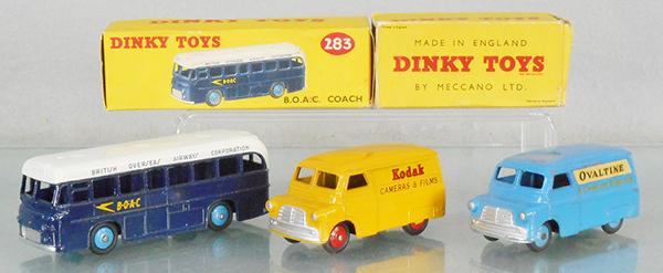 3 DINKY VEHICLES: 283 BOAC Coach, orig box, 480 Kodak Bedford Van, orig box rough, these 2 are C8, 481 Ovaltine Bedford Van, C5-6.