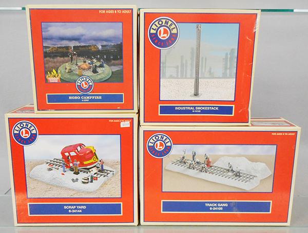 4 LIONEL ACCESSORIES: 32987 Hobo Camp, 14142 Industrial Smokestack, 34144 Scrap Yard, 24105 Track Gang, orig boxes & inserts minor wear, C7-8.