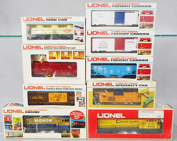 LIONEL TRAIN SET: O ga, 8560 Chessie U36B diesel dummy unit, 8156 Monon U36B dummy unit, w/freight cars 9444, 7812-1977, 9011, 7904, 9148, 0780, 6901, orig boxes & inserts worn, C7-9.