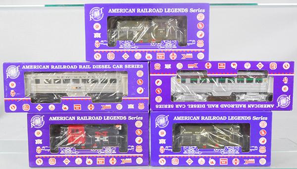 5 READY MADE TRAINS: O ga, RMT-4311 US Army switcher, RMT-5151 PA RDC car, RMT-4491 New Haven diesel, RMT-4312 US Army switcher, RMT-5492 New Haven RDC car, orig boxes & inserts, C9.
