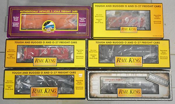 6 MTH FREIGHT CARS: O ga, 20-90222 B reefer, RK-7507L hopper, RK-7506L hopper, 30-77116 caboose, 30-7723 caboose, 30-8113 tank, orig boxes & inserts worn, C7-8.