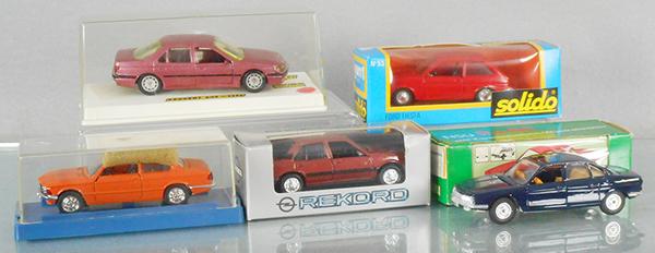 5 EUROPEAN DIE CAST CARS: Solido Peugeot 605-1516, 53 Ford Fiesta, Schuco 627 BMW 320, Gama 1176 Opel Rekord, Mini Gama 9870 NSU RO-80, orig boxes & inserts, C9-10.