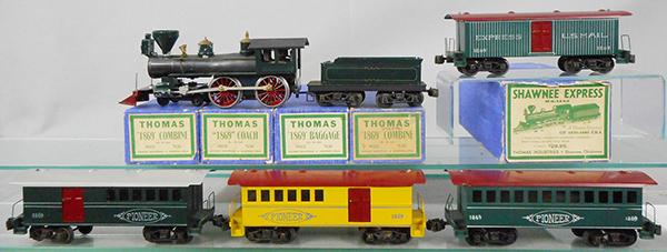 THOMAS TRAIN SET: O ga, 3-rail, Shawnee Express loco & tender, 2 #1869 combines, coach, baggage, orig boxes worn, C5-7.