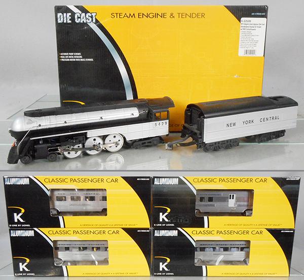 K-LINE EMPIRE EXPRESS TRAIN SET: O ga, 22105 Hudson loco & tender w/TMCC, Rail Sounds & smoke, loco has 1 rear truck wheel missing plastic, 21594 4-car passenger set, orig boxes & inserts, C7-9.