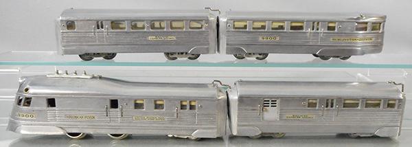 AMERICAN FLYER BURLINGTON ZEPHYR SET: O ga, die cast, 9910 power car, exhaust stacks replaced, 9911 baggage, 9913 coach, 9912 obsv, minor decal wear & chips overall, C7.