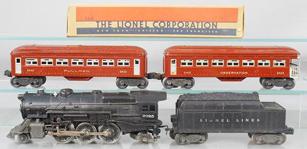 LIONEL TRAIN SET: O ga, 2025 loco, restored, 2466WX tender, 2442 Pullman, w/orig box, 2443 obsv, C5-8.