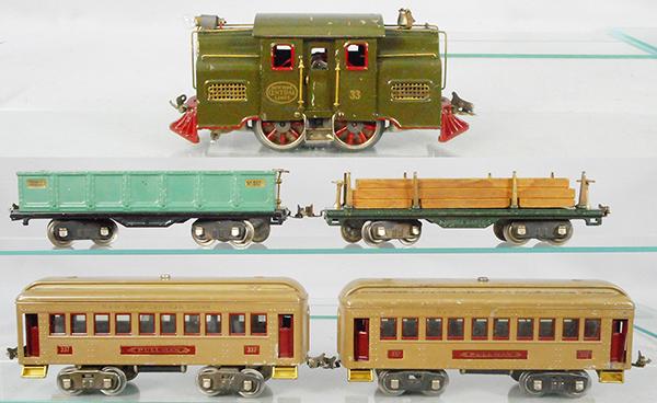 LIONEL TRAIN SET: std ga, 33 loco, relettered, 512 gondola, 511 lumber, 2 #337 coaches, C5-6.