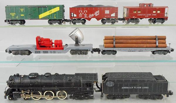 AMERICAN FLYER TRAIN SET: S ga, 322 Hudson loco & tender, w/smoke, choo choo & conversion coupler, 946 searchlight, missing brakewheels, 928 log car, 922 GAEX box car, missing 1 door latch, 921 hopper, 1 step chipped, 930 cabo
