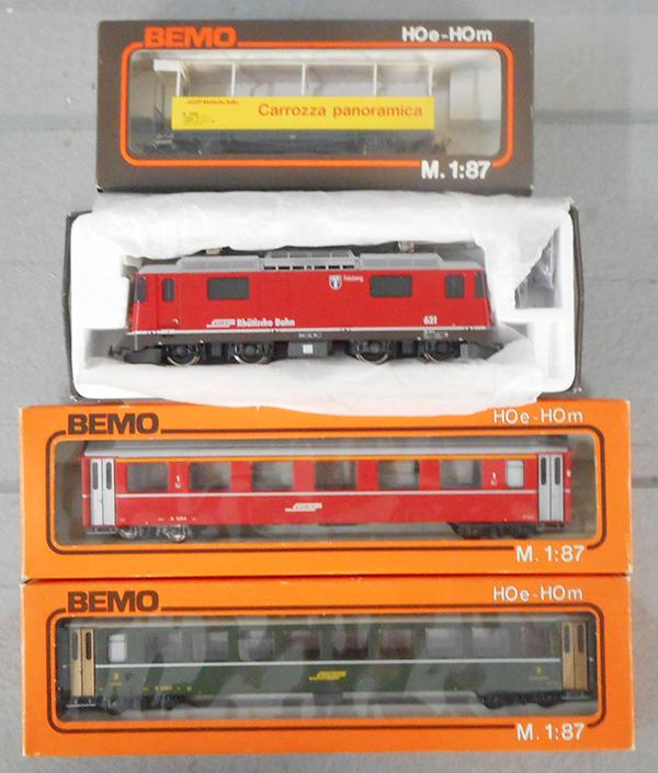 BEMO SWISS TRAIN SET: HOe ga, 1258/12 loco w/coaches 3068, 3250, 3280/100, orig boxes & inserts, C9.