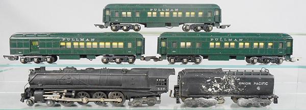 AMERICAN FLYER 1433 NORTHERN TRAIN SET: O ga, die cast, 3/16 scale, 534 loco, missing 1 signboard, front & back truck wheels are fatiguing or missing, replacements provided, motor spins, 567 tender, paint flaking on 1 side, 1 small die cast
