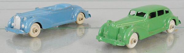 2 HUBLEY PACKARDS: Roadster, blue, Sedan, green, both have litho tin chassis, C7-8.