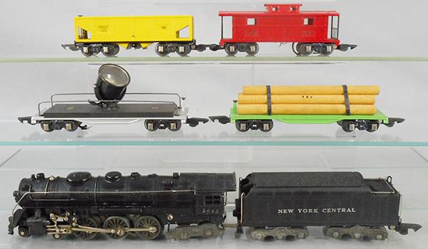 AMERICAN FLYER 4106 TRAIN SET: O ga, 569 Hudson loco, die cast, die cast truck wheels fatiguing, 567 tender, 488 floodlight car, 482 lumber car, 486 hopper, 484 caboose, orig boxes & set box minor wear, C7-8.