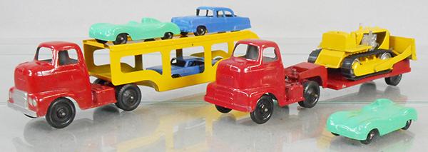 2 TOOTSIETOY INTERNATIONAL TRUCKS: Auto Transport w/4 autos, Low Boy w/Caterpillar Tractor, C7-8.