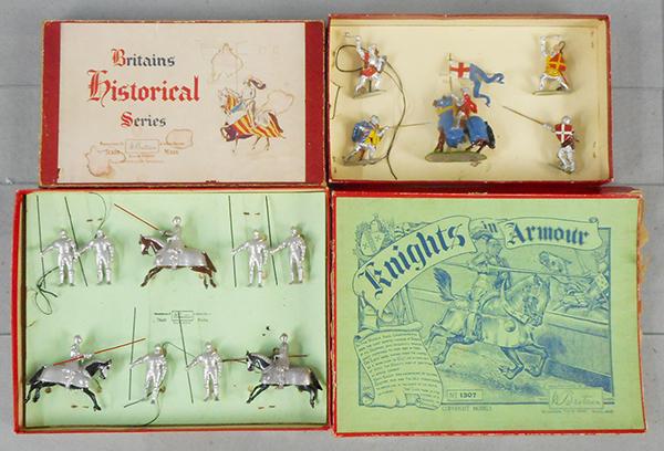 2 BRITAINS SETS: 2161 Knights of Agincourt, 5 pieces, 1307 16th Century Knights in Armour, 9 pieces, orig boxes & inserts worn, C6-8.