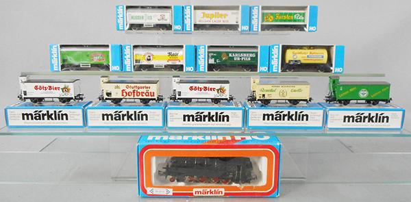 MARKLIN AUSTRIAN BEER TRAIN: HO ga, 3112 loco w/digital decoder, w/cars 4440, 2 #4481, 2 #4678, 3 #4680, 4 #4415, orig boxes, C8.