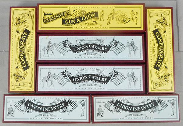 7 BRITAINS US CIVIL WAR SETS: 2 #8854 Union Cavalry, 8876 Confederate Gun & Crew, 2 #8852 Union Infantry, 2 #8851 Confederate Infantry, orig boxes & inserts, C9.