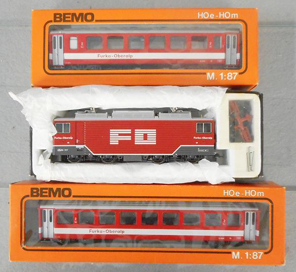 BEMO SWISS FURKA OBERALP TRAIN SET: HOe ga, 1260/2 w/coaches 3260 & 3267, orig boxes & inserts, C9.