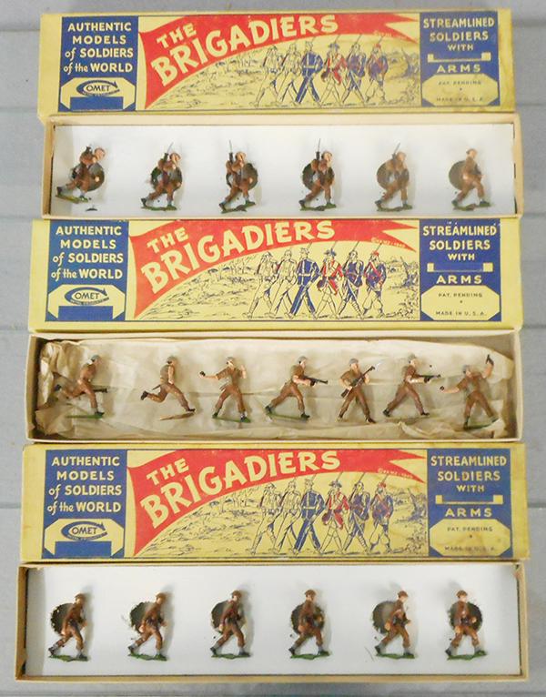 3 COMET 1946 BRITISH SETS: 507 Infantry of the Line Walking, 507 Infantry of the Line Walking w/slung rifles, 515 Infantry of the Line Fighting, orig boxes, 2 inserts only, minor wear, C8-9.