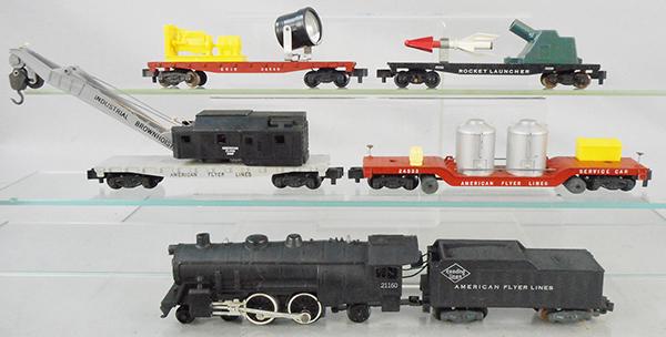 AMERICAN FLYER TRAIN SET: S ga, 21160 Atlantic loco & tender, 24569 crane, 24533 track cleaning car, 24549 searchlight, 25059 rocket launcher, rocket broken, C6-8.