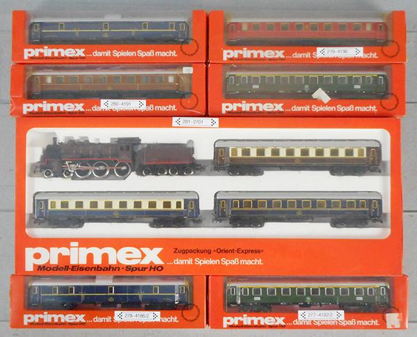 PRIMEX MARKLIN ORIENT EXPRESS SET: HO ga, 2701 set w/loco, tender & 3 coaches & extra coaches 2 #4186, 4191, 4196, 2 #4192, orig boxes, set box & insert minor wear, C8.