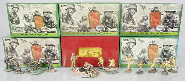 6 BRITAINS SETS: 17143 British Bren Gun Team, 17420 101st Airborne set, 17141 101st Airborne mortar crew, 17494 tank support team, 17144 German assault team, 17456 German mortar team, orig boxes & inserts, C9.
