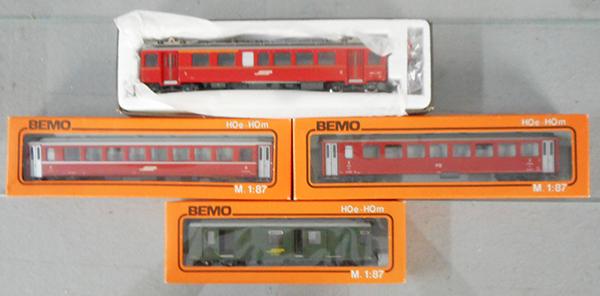 BEMO SWISS TRAIN SET: HOe ga, 1265/2 loco w/coaches 3269/100, 3253, 3266, orig boxes & inserts, C9.