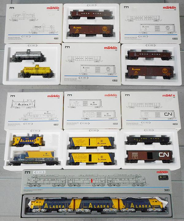 MARKLIN ALASKA FREIGHT TRAIN: HO ga, 3663 F7 ABA diesels, digital, w/2-car freight sets 4857, 4858, 4859, 2 #4860, 4861, orig boxes & inserts, C8.