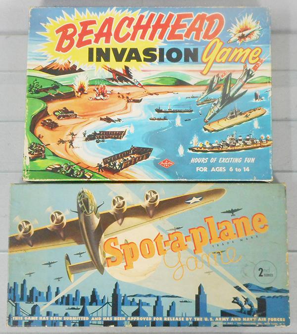 2 WWII GAMES: Warren Paper Beach Head Invasion, 18 in by 13 in, Toy Creations Spot-A-Plane, ca 1942, 20 in by 10 in, both appear complete, orig boxes, tops minor wear, C8-9.