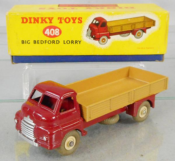 DINKY 408 BIG BEDFORD LORRY: maroon & tan w/yellow hubs, orig box minor wear, C8.