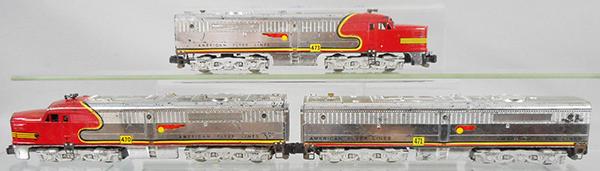 AMERICAN FLYER SANTA FE DIESELS: S ga, 470 Power A, 471 B unit, 473 tender, chrome & red, w/play wear scratches & decal chips, C5-6.