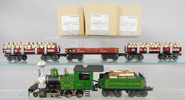 ETS TRAIN SET: O ga, 3-rail, 173/B/BAO B&O loco & tender, 2 #412/B/SLC lumber cars, gondola, 3 orig boxes & inserts only, C8-9.