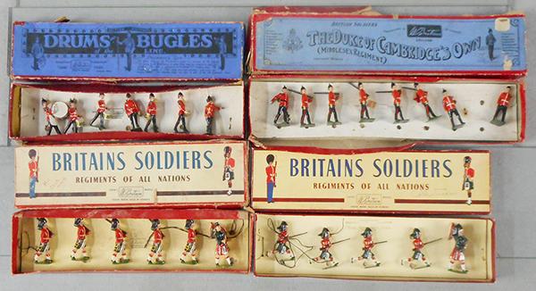 4 BRITAINS SETS: 30 Drums & Bugles, 7 pieces, 1 helmet spike broken, 76 Middlesex Regiment, 8 pieces, 2 are missing arms, 77 Gordon Highlanders w/Piper, 6 pieces, missing 1 arm, 11 Black Watch Charging, 5 pieces, all