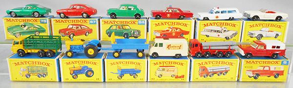 12 MATCHBOX VEHICLES: 75B2, 67B1, 64B1, 59B3, 54B1, 27D1, 4D2, 39C1, 40C1, 62B2, missing antenna & TVs, 10D1, 6D1, orig boxes minor wear, 1 worn, C8-9.