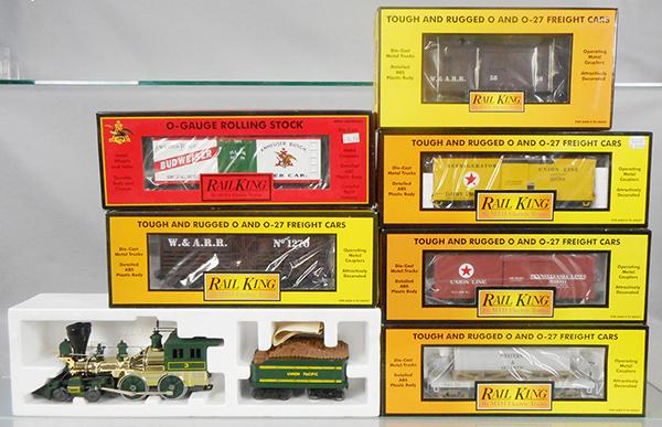 MTH RAIL KING & LIONEL TRAIN SET: O ga, Lionel 6-8104 UP loco & tender, Rail King 30-7320 tank car, 30-7493 box car, 30-7114 stock car, 30-74139 box car, 30-78028 reefer, 30-7724 caboose, orig boxes & inserts, C8-9.
