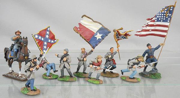 4 US CIVIL WAR SOLDIER SETS: Russian-made Confederate Officer, Conte ACW 5717 Union Flag Bearer, Conte ACW 57155 Confederate Flag Bearer, Britains 1701 Lone Star set, orig boxes & inserts, C9.