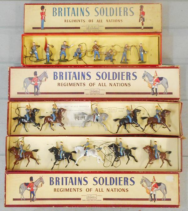 3 BRITAINS CIVIL WAR SETS: 2060 Confederate Infantry, 8 figures, 2 #2055 Confederate Cavalry, 10 figures, all figures are loose on cards, orig boxes some wear, C8.