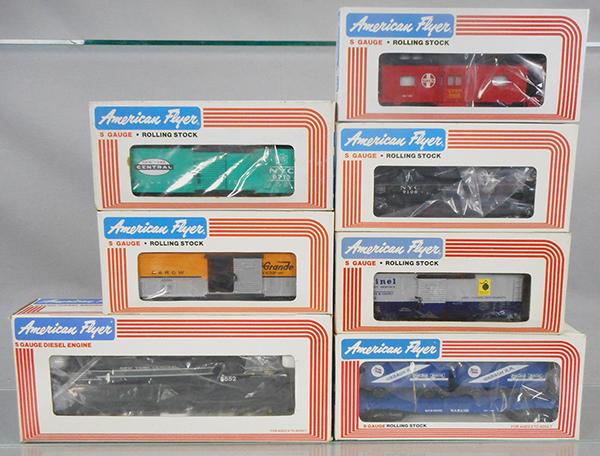 AMERICAN FLYER TRAIN SET: S ga, 4-8552 NYC GP9 w/cars 9106 tank, 9702 box car, 9713 box car, 48301 box car, 48502 flat car, orig boxes & inserts minor wear, C8-9.