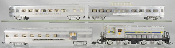 AMERICAN FLYER TRAIN SET: S ga, 370 GP7 diesel switcher, 1st version, 1 small decal chip, 660 combine, 662 vista dome, 663 obsv, 2 cars missing couplers, C7-8.
