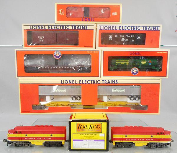 MTH & LIONEL TRAIN SET: O ga, Rail King 2007LP F3 AA diesels w/sound, Lionel 16363 falt, 52234 well car, 16284 box car, 5731 reefer, 52334 tank, 6109 hopper, orig boxes & inserts, C8-9.