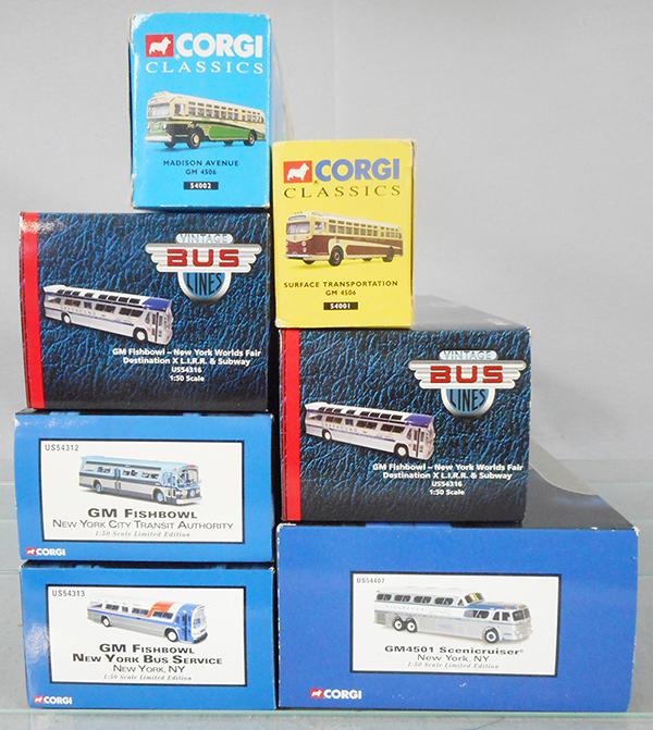 7 CORGI BUSES: 54001, 54002, 2 #US54316, US54312, US54313, US54407, orig boxes & inserts minor wear, C8-9.