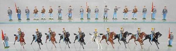 BRITAINS CONFEDERATE CIVIL WAR FIGURES: 20 standing figures, 10 mounted figures from sets 2055 & 2060, C7-9.