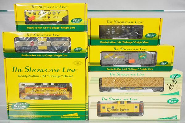 S-HELPER TRAIN SET: S ga, 01536 Chessie NW2 loco, 00996 NH hopper, 01273 Niblets reefer, 01009 Eagle box car, 01120 Peabody hopper, 00338 Chessie flat car, 00221 Chessie caboose, orig boxes & inserts, C8-9.