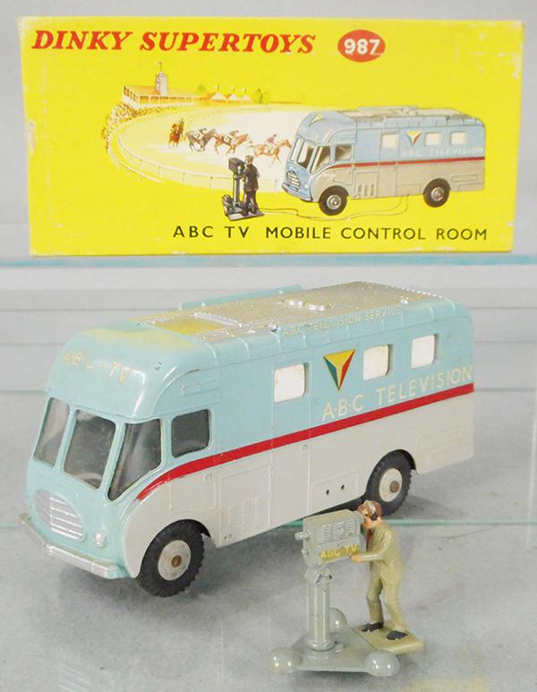 DINKY 987 ABC MOBILE TV TRUCK: gray & blue, w/camera & operator, decal chip on front of van, orig box minor wear, C7-8.