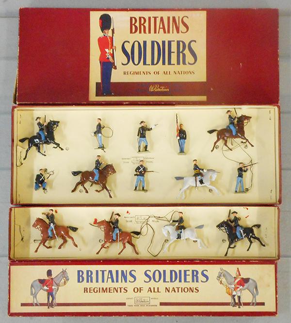 2 BRITAINS CIVIL WAR SETS: 2069 Union Cavalry & Infantry, 10 pieces, 2056 Union Cavalry w/officer & trumpeter, 4 pieces, all figures are loose on insert cards, orig boxes some wear, C8-9.