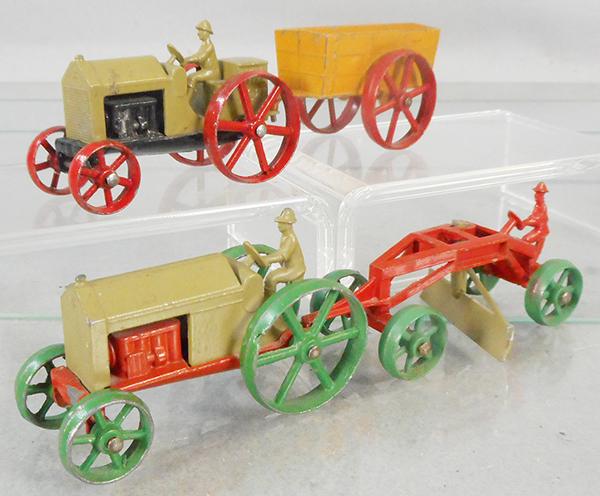 2 TOOTSIETOY FARM SETS: 4654 Huber Tractor, tan & red, Farm Trailer, orange & red, 4654 Huber Tractor, tan & green, Road Scraper, red & green, C6-7.