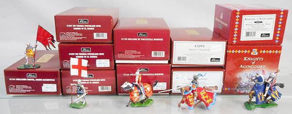 BRITAINS SOLDIER LOT: 2 #41128 Gulliame de Tancarville mounted, 41141 Guillaume de Tancarville, 2 #41097 Sir Thomas Strickland, 2 #41094 Henry V mounted, 2 #40395 Robert, Comte de Marie French, orig boxes & inserts, C9.